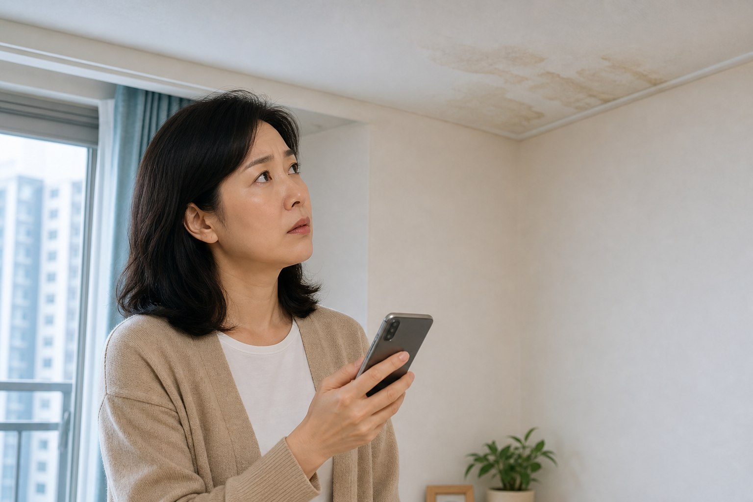 휴대폰으로 누수업체를 검색하는 고객